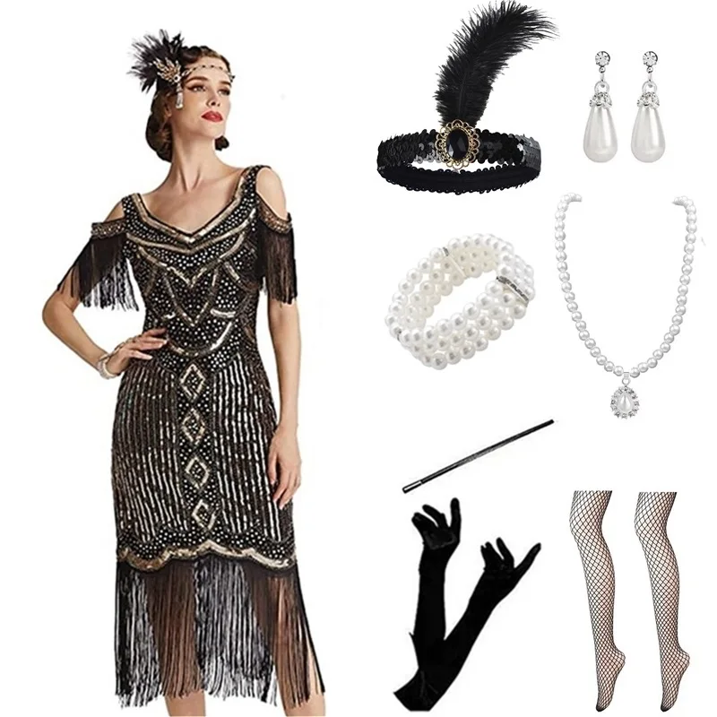 

8pc/set 1920s Sequin Gatsby Ball Party Flapper Dress With Roaring 20s Accessories Women Fringed Clubwear Party Cocktail Dresses