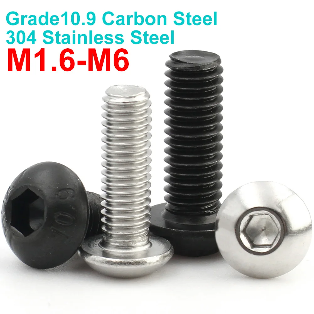 

10-100pcs M1.6 M2 M2.5 M3 M4 M5 M6 A2-70 304 Stainless Steel Black Grade 10.9 Steel Hexagon Hex Socket Button Head Screw ISO7380