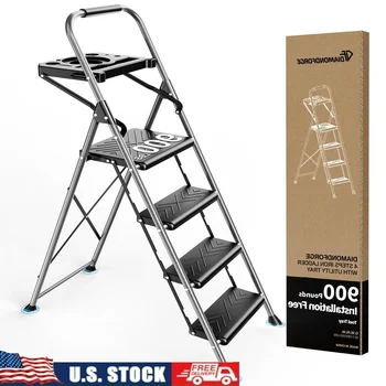 4 Step Ladder Tool Tray Oversized Platform Anti-Slip Feet Sturdy Steel Construction 900lbs Safety Upgrade Portable Space Saving 1