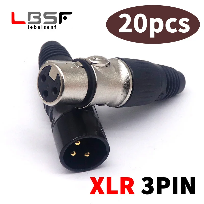 Cabo de Áudio Xlr 3pin Macho e Fêmea Microfone Conector Canhão Terminal de Cabo Mic Preto Prata Microfone Plug 20 Pcs