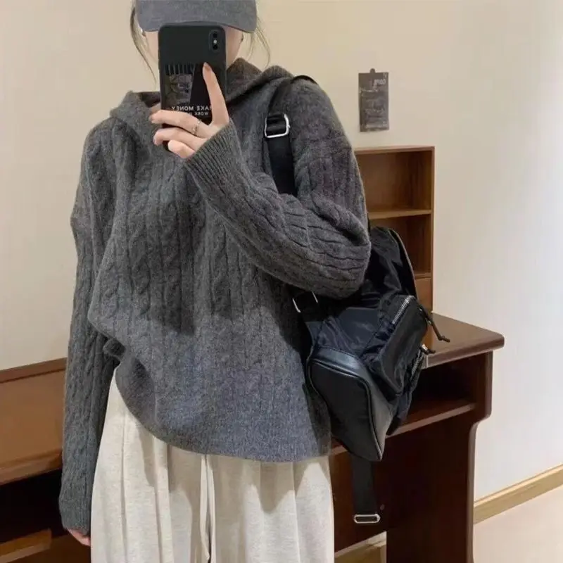 

Japanese Autumn and Winter Hooded Sweaters for WomenLoose and Versatile New Knitted Bottom Shirt Long Sleeve Coat Large Top Y2K