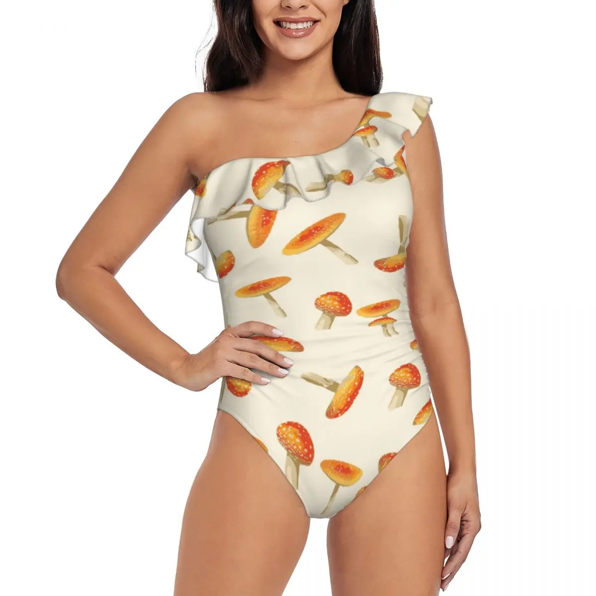 

Mushrooms 3D Print Women's One Shoulder Ruffle Monokinis Swimwear Asymmetric Ruffle