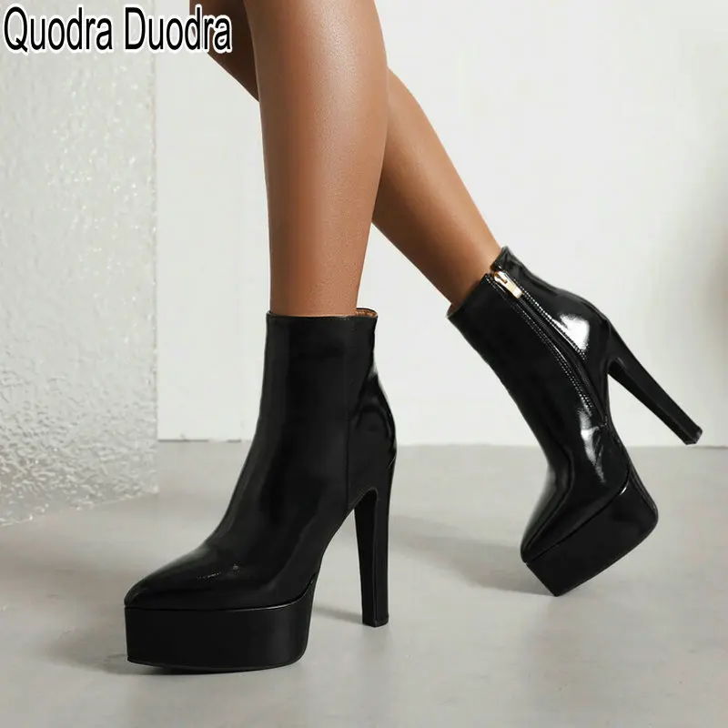 

Ankle Boots New Women Shoes Winter Platform Big Size 43 Zipper High Heels Luxury Pointed Toe Patent Leather Fashion Motorcycle