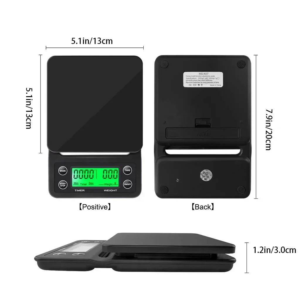 5kg/0.1g Black Electronic Digital Kitchen Scale Portable Drip Coffee Scale With Timer High Precision LCD Electronic Scales