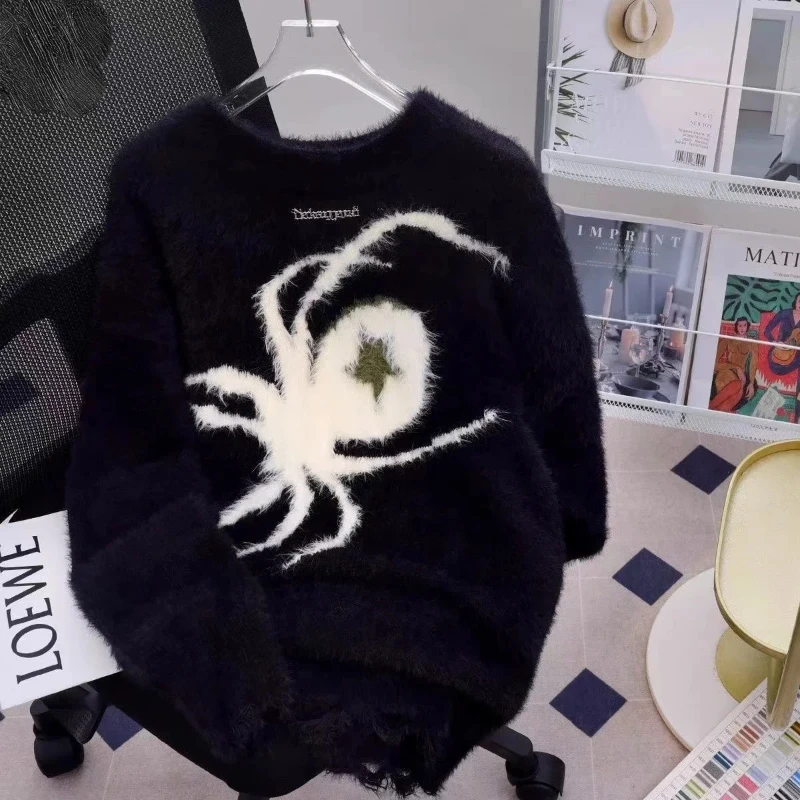 American Spider Jacquard Sweater Couple Autumn and Winter Loose Retro Soft Waxy Lazy Style Mink Velvet Knitted Sweater