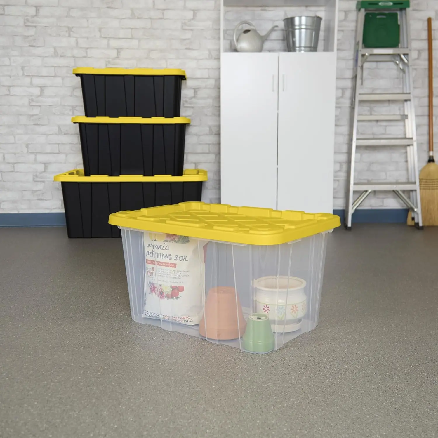 8 Pack Industrial Storage Box with Comfort Carrying Handles, 27 Gal, Yellow