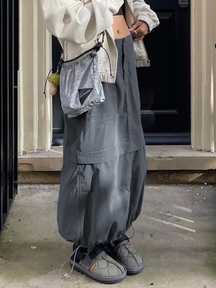 

Vintage Grunge Cargo Skirts Drawstring Techwear Maxi Straight Skirts Patchwork Chic Y2K Gray Clothing Grunge y2k