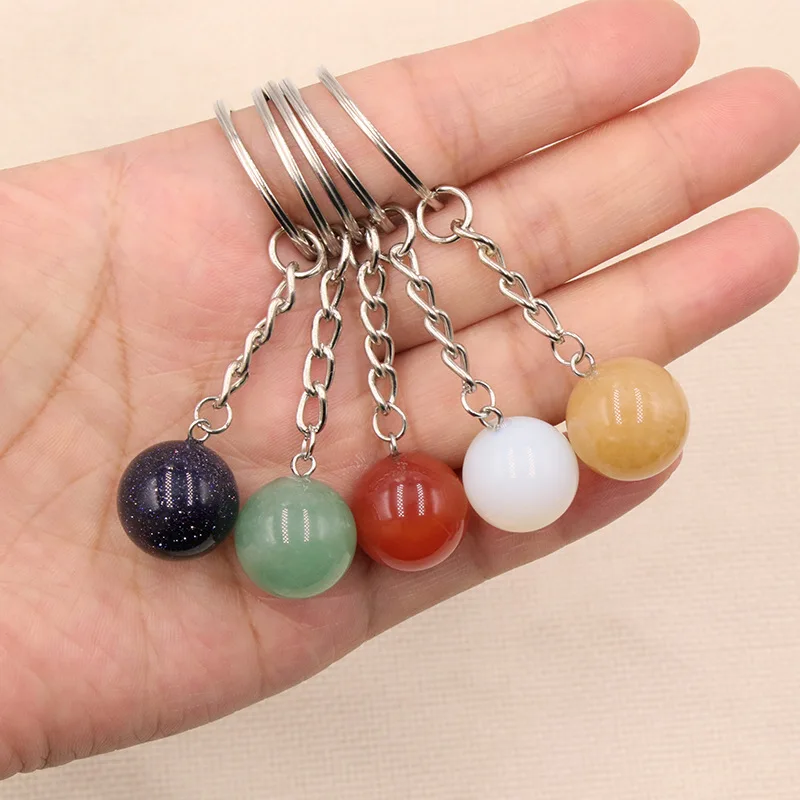 Natural Stone 16mm Round Ball Tiger's Eye Rose Quartz Agate Key Rings Keychains Car Decor Key Chain Keyholder