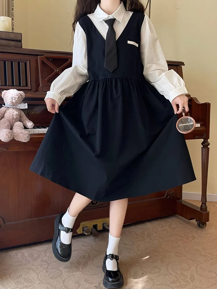 KIMOKOKM Japanese Preppy Style A-Line Kawaii Turn-down Collar Tie Loli Dress Sweet Girl Full Sleeve Cute Mid-Calf JK Dress