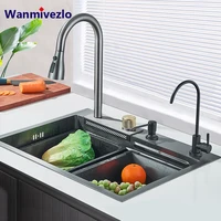 304 5 Water Discharge Modes Stainless Steel Waterfall Kitchen Sink Large Single Slot Integrated Digital Display Faucet Set 1