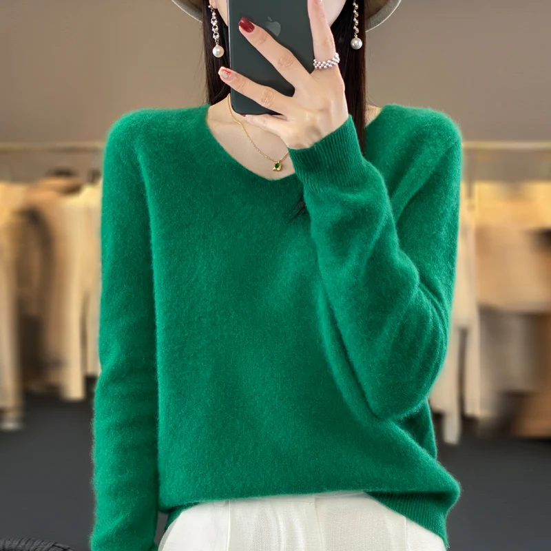 2024 autumn and winter new 100% pure wool cashmere sweater women's V-neck pullover fashion solid color long sleeve pullover. 6