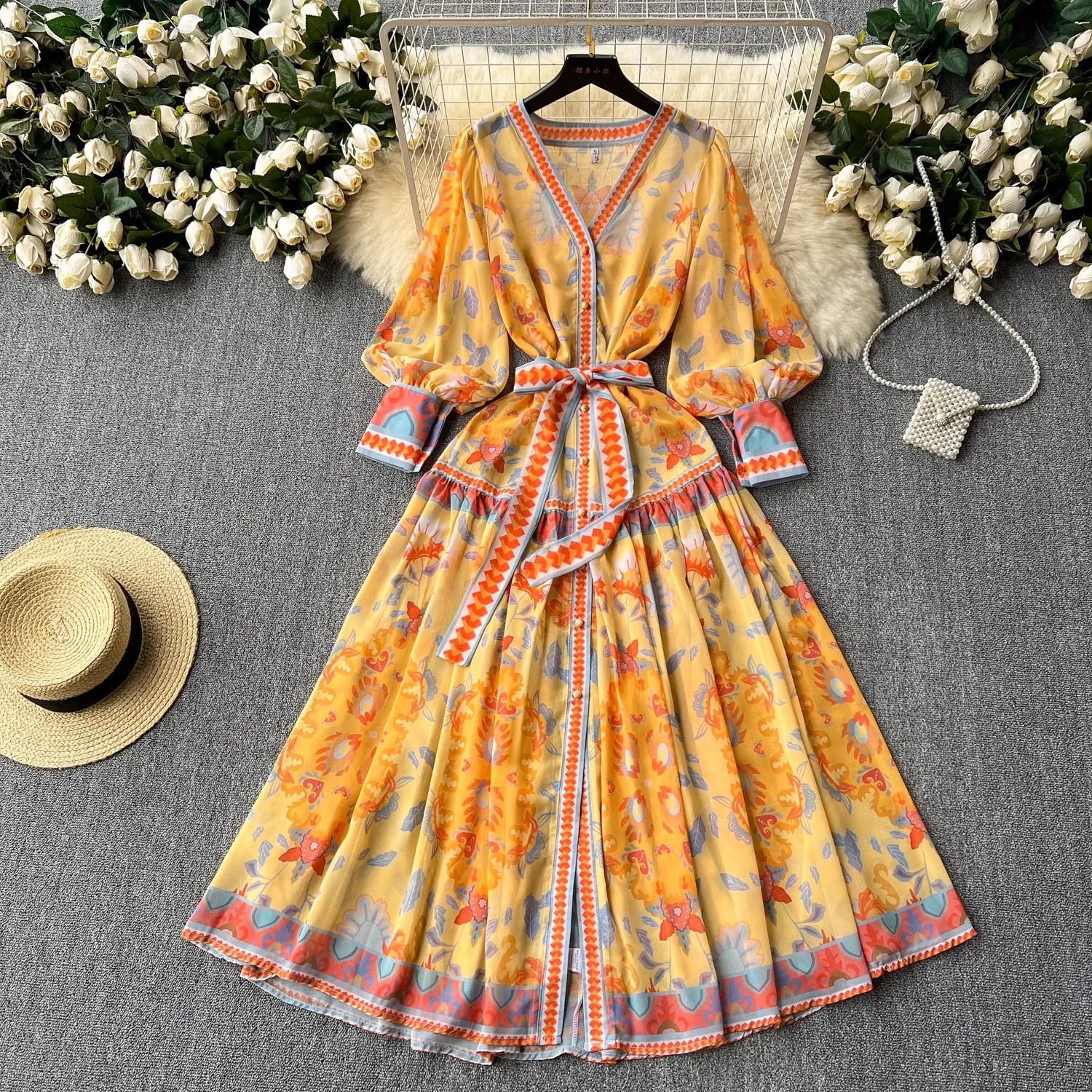 

Summer Runway Holiday Gorgeous Flower Dress Women's V-Neck Lantern Sleeve Floral Print Elastic Waist Belt Lace Up Long Vestidos