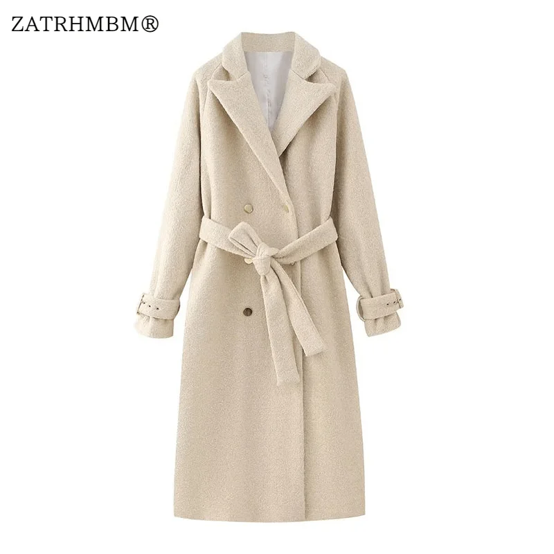 

ZATRHMBM Women 2023 Autumn Winter Fashion With Belt Woolen Overcoat Vintage Long Sleeve Button Up Female Outerwear Chic Tops