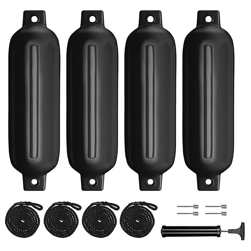 

Boat Fenders 4 Pack 4.5x16 Inch Inflatable Ribbed Marine Boat Fender with Fender Lines 6.5 Ft Needles and Pump