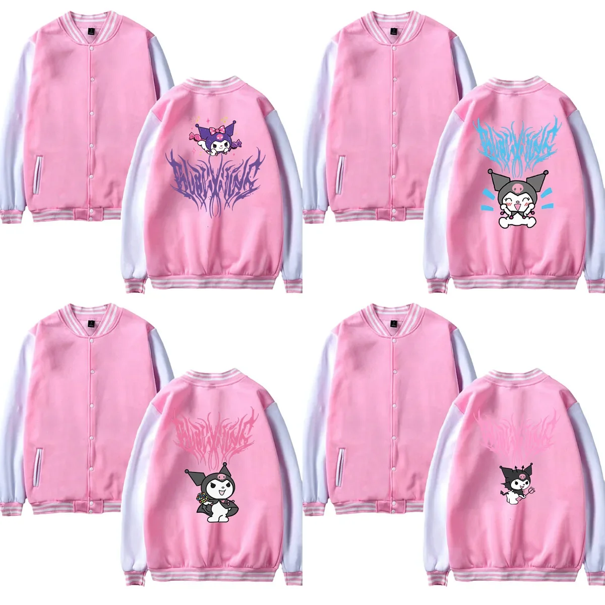 

Cute Kuromi Printed Loose Baseball Shirt Adult Sportswear Sanrios Series Kawaii Anime Cartoon Casual Plus Velvet Pink Coat