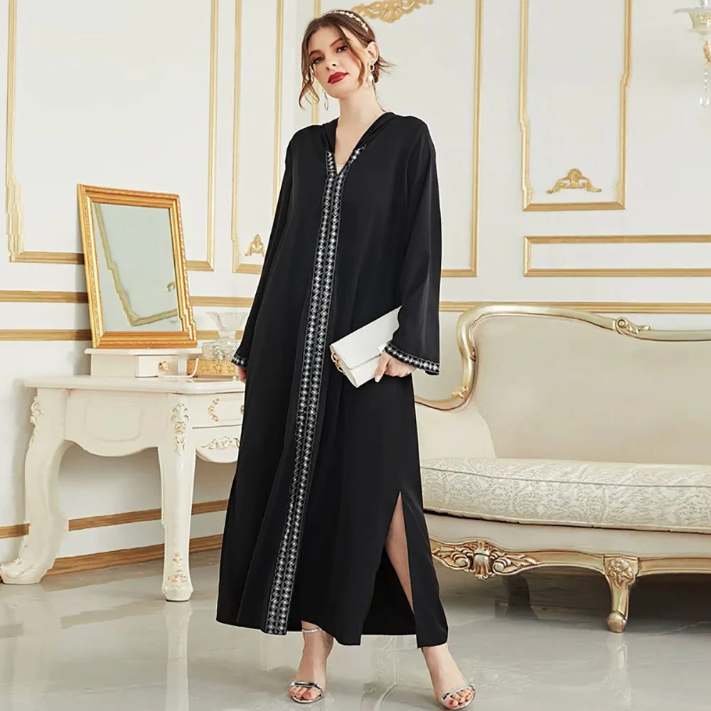 Arab Dubai Kaftan Women's Robe Long Sleeve Hooded Split Dress V-Neck Islam Eid Abaya Female Muslim Clothing Applique Djellaba