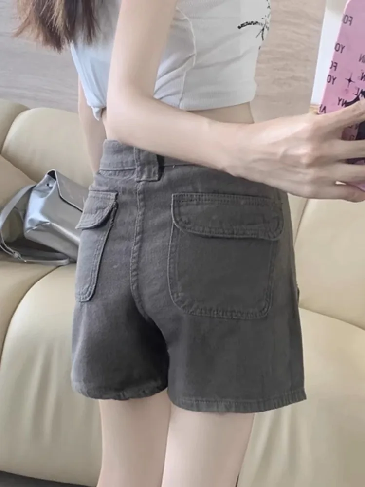 HOUZHOU Vintage Y2K Cargo Denim Shorts Women Baggy Short Jeans Casual Korean Fashion Wide Pockets Female Streetwear Summer Pants
