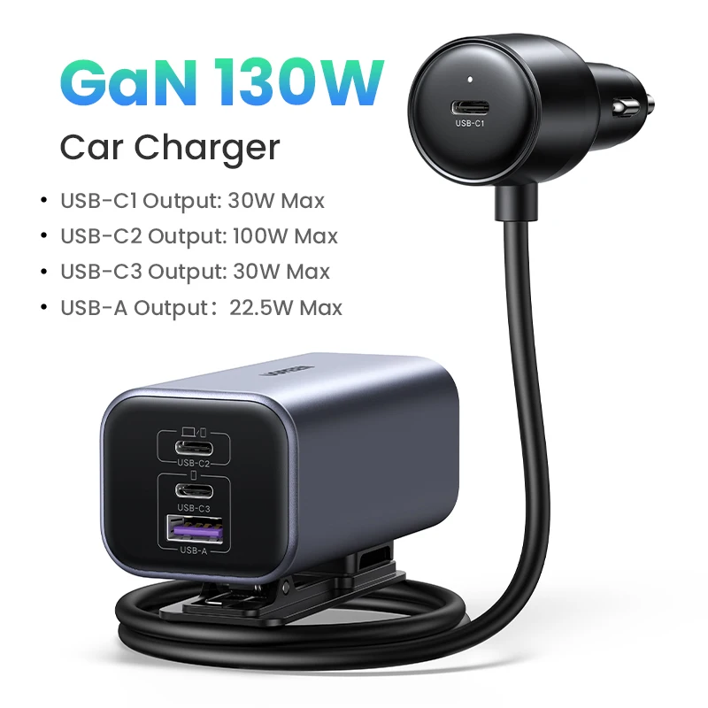 thumbnail image 1 of Cargador de coche UGREEN de 130 W, extensor de carga rápida para 4 dispositivos USB, cargador GaN para iPhone 16 15, cargador USB C para iPad y portátil, 1 of 5