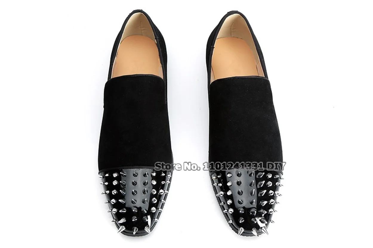 

Black Patent Leather Spike Toe Comfortable Flats Men Loafers Casual Shoes Flock Zapatillas Hombre Plus Size 37-47