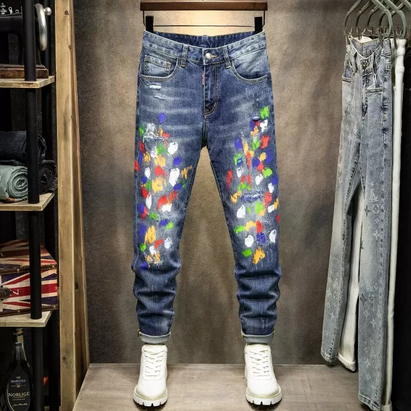 

High Street Fashion Men Jeans Retro Blue Elastic Stretch Slim Fit Ripped Jeans Men Painted Designer Hip Hop Splashed Denim Pants