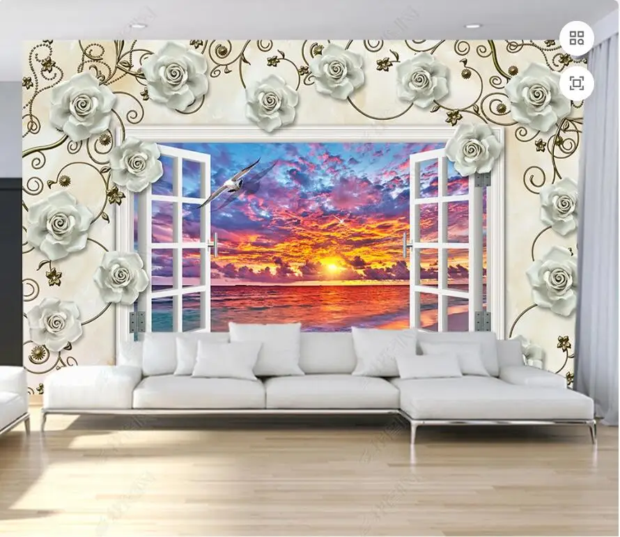 

custom mural 3d photo wallpaper Flower Window Seaside Scenery background home decor 3d wall murals wallpaper for living room