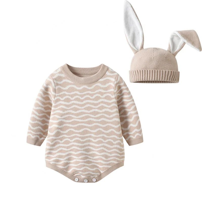 

Baby Bodysuit Knitted Infant Boy Tops +Hat Long Sleeve Autumn Newborn Girls Clothing 2PC Overalls 0-18M Jumpsuit Fashion Striped