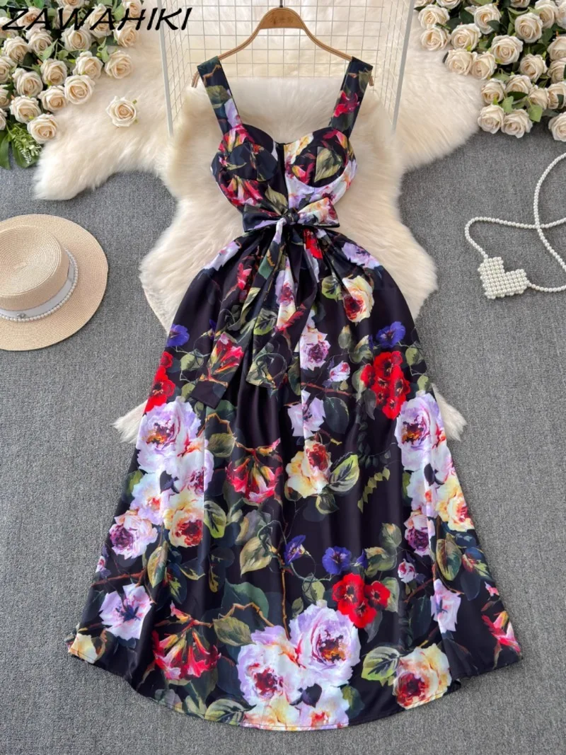 

Holiday Dresses for Women Sleeveless Floral Evening Dress Print Bandage Vestidos De Fiesta Elegant Slim Sexy Female Clothes