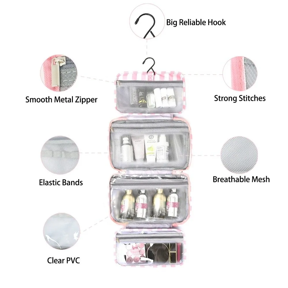 Portable Hanging Travel Toiletry Bag 4-Fold with Hook Makeup Bag Large Capacity Striped Cosmetic Bag Travel 4