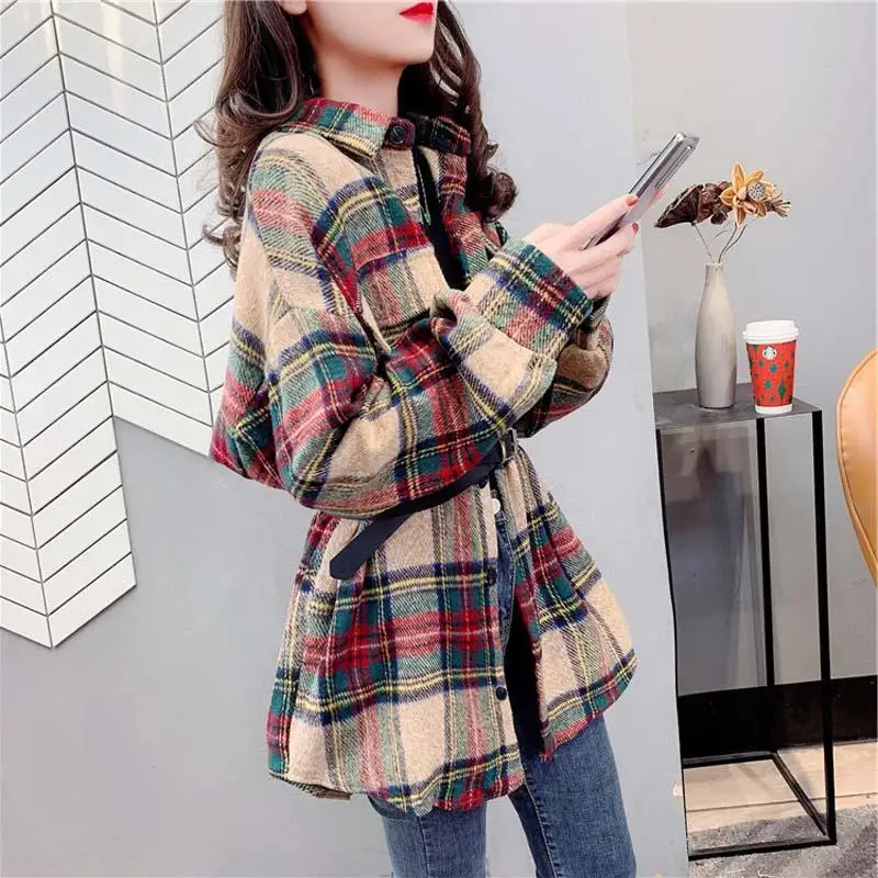 Fashion Printed Lapel Button Pockets Plaid Shirt Women's Clothing 2022 Autumn New Loose Casual Tops All-match Commute Blouse