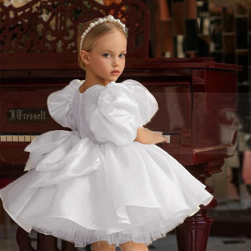 

Flower Girl Dresses for Wedding With Bow Puff Sleeves Princess Pageant Dress Sequined Tulle Toddlers First Communion Party Gowns