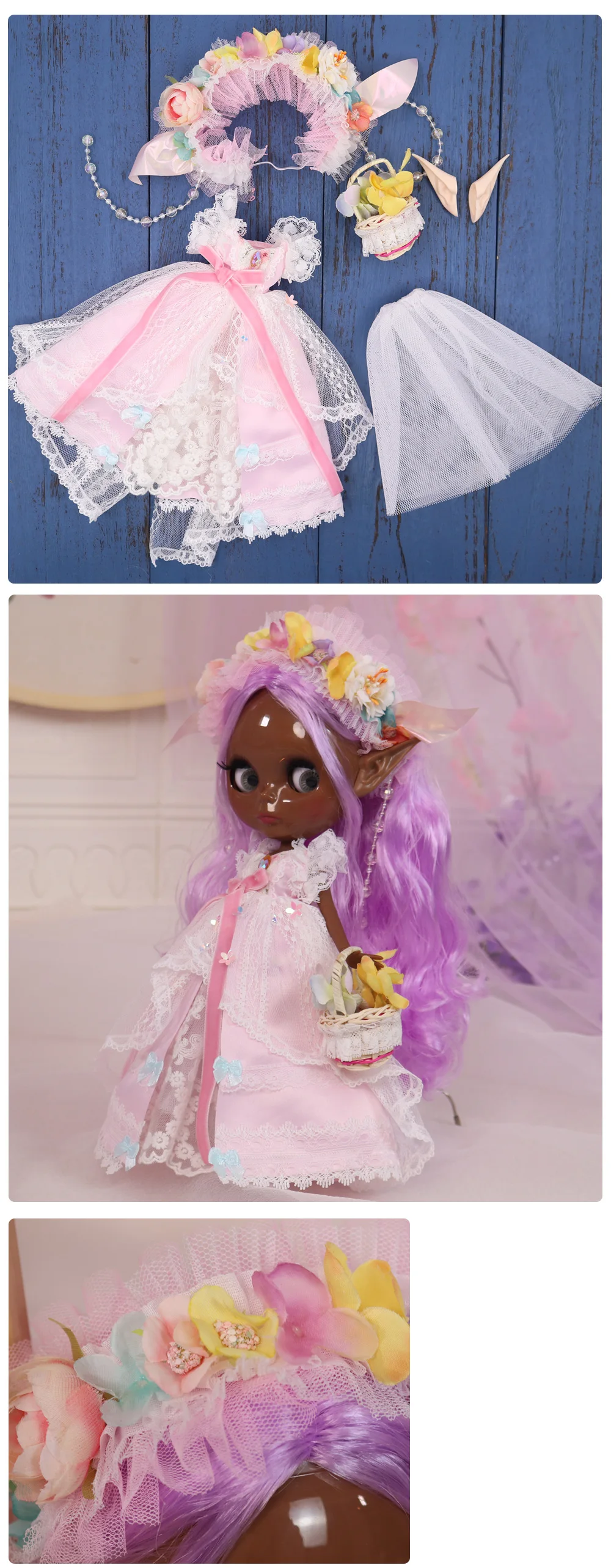 Neo Blythe Doll Fairy Floral Frock with Headband, Ears & Basket 1