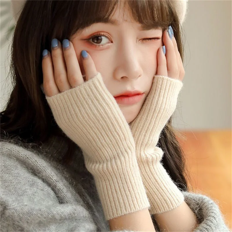 

2023 Korean New Half-finger Gloves Female Autumn and Winter Wool Warmth Fingerless Students Touch Screen Thick Knitted Wristband