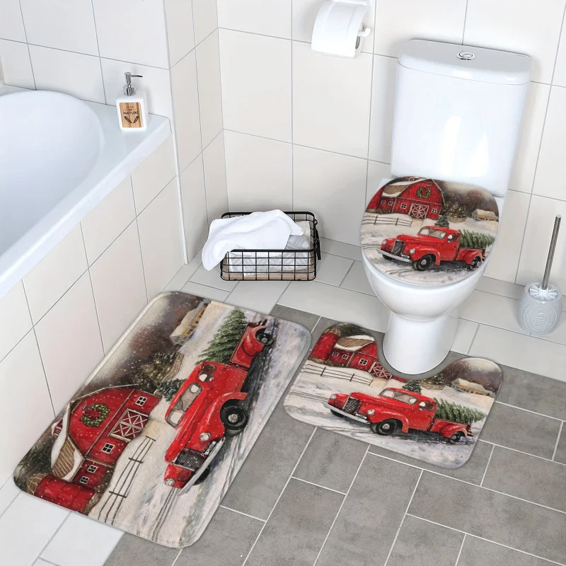 3-piece Christmas tree truck pattern bathroom anti slip mat set, bathtub anti slip mat bathroom carpet, toilet U-shaped mat, toi