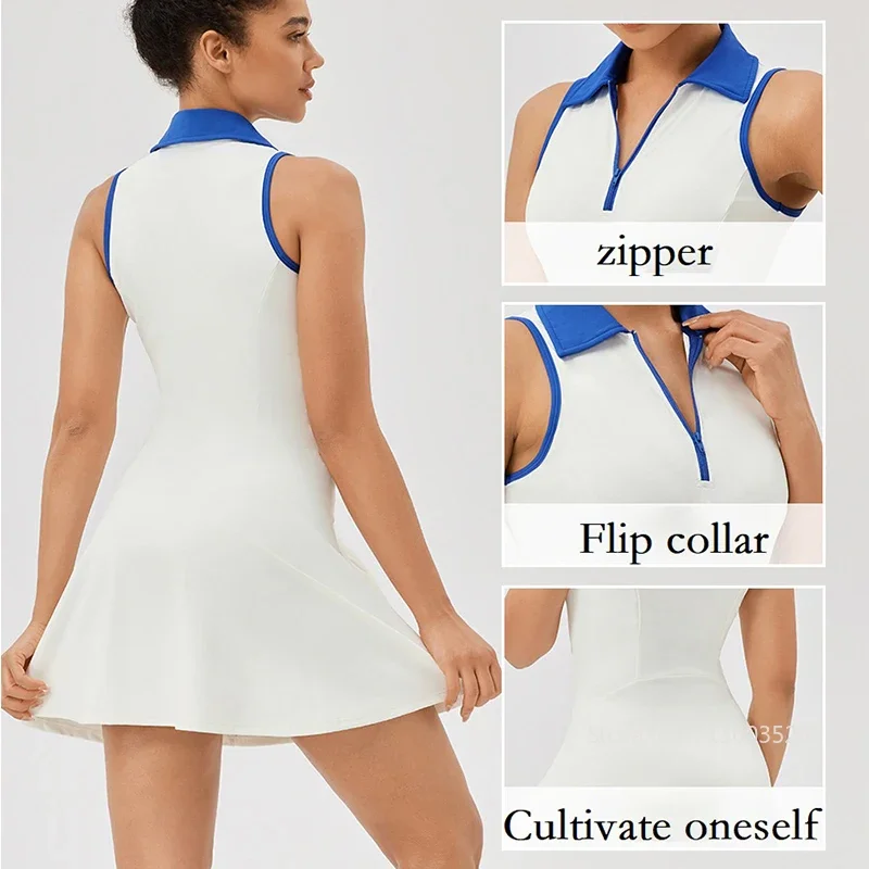 Flip Collar One-piece Tennis Dress for Women Quick Dry Breathable Sports Fitness Dress Ladies Sleeveless V-Neck Workout Skirts