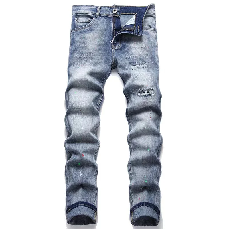 EH·MD® Painted Jeans Men's Splashing Ink And Holes Scraped Leg Pants Cotton High Elasticity Slim Fit Color Dots Trendy Youth 023