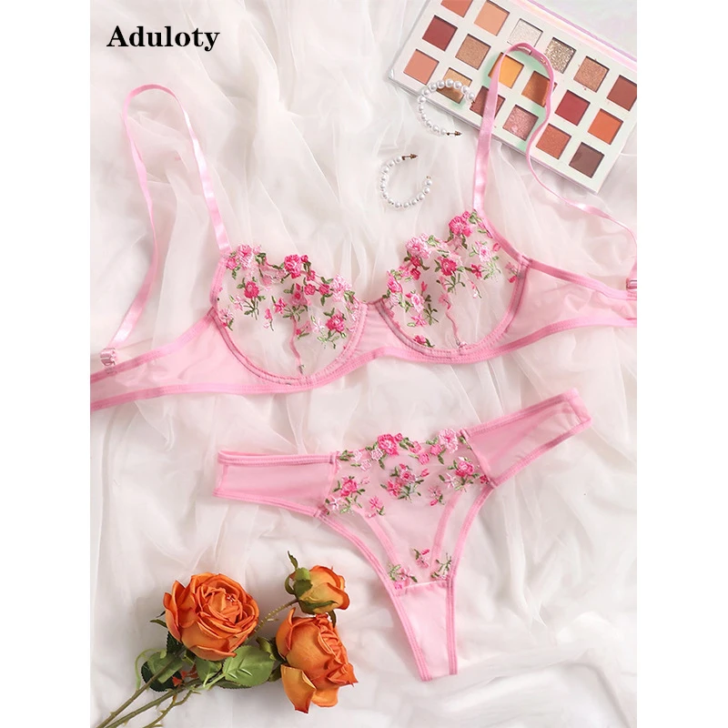 

Aduloty Women's Sexy Lingerie Underwire Gathering Bra Set Summer New Mesh Perspective Flower Lace Embroidery Erotic Underwear