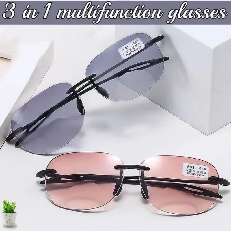 Fashionable Prescription Reading Eyeglasses Progressive Bifocal Sun Glasses for Middle-aged Frameless Presbyopia Glasses Diopter 3