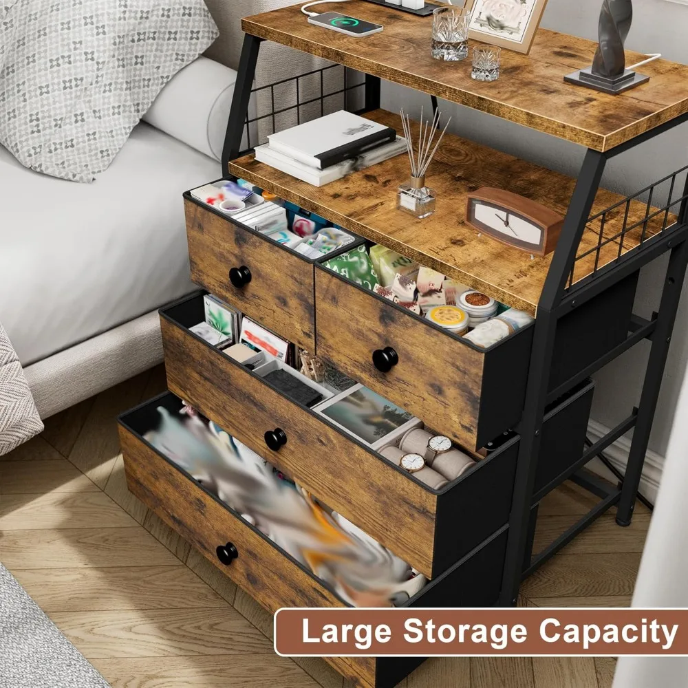 Nightstand Set of 2, Night Stand with Charging Station & LED Lights, Bedside Table with 4 Fabric Drawers for Bedroom 5
