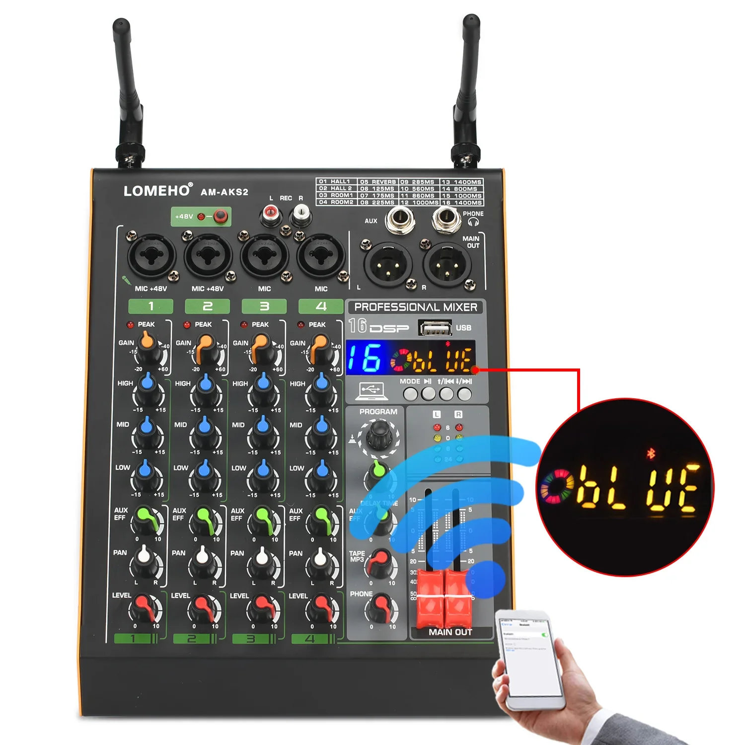 Wireless Microphone Audio Mixer 4 Channel Mixing Console 16 Effect Bluetooth Sound Audio Mixer 2 Adjustable Frequency Wireless Microphone AM-AKS2