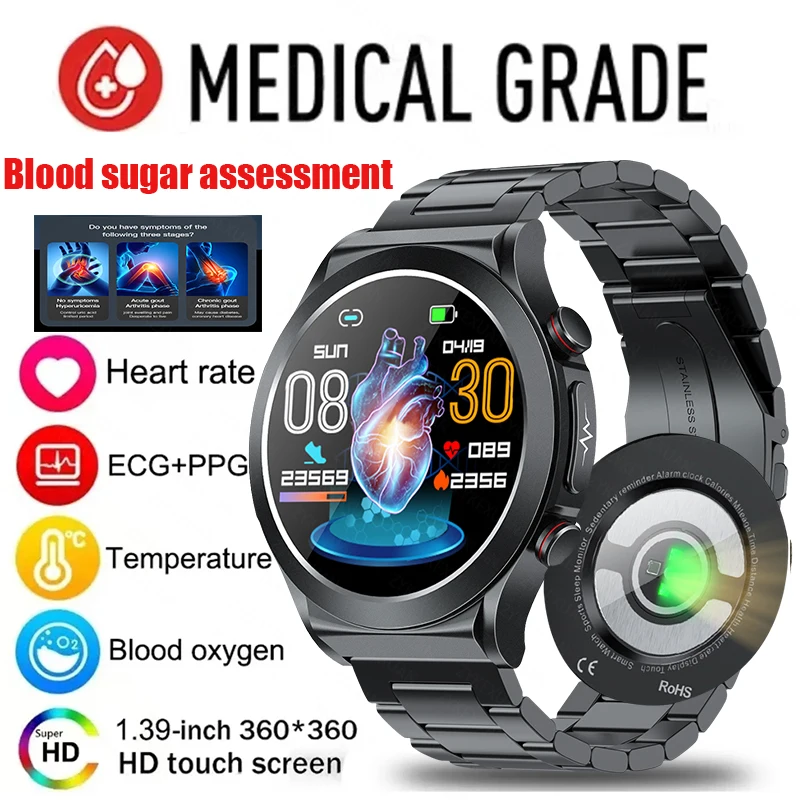 

2023 New ECG+PPG Men Health Smartwatch Uric Acid Lipids Blood Glucose Monitoring IP68 Waterproof Smartwatch For Men Android IOS