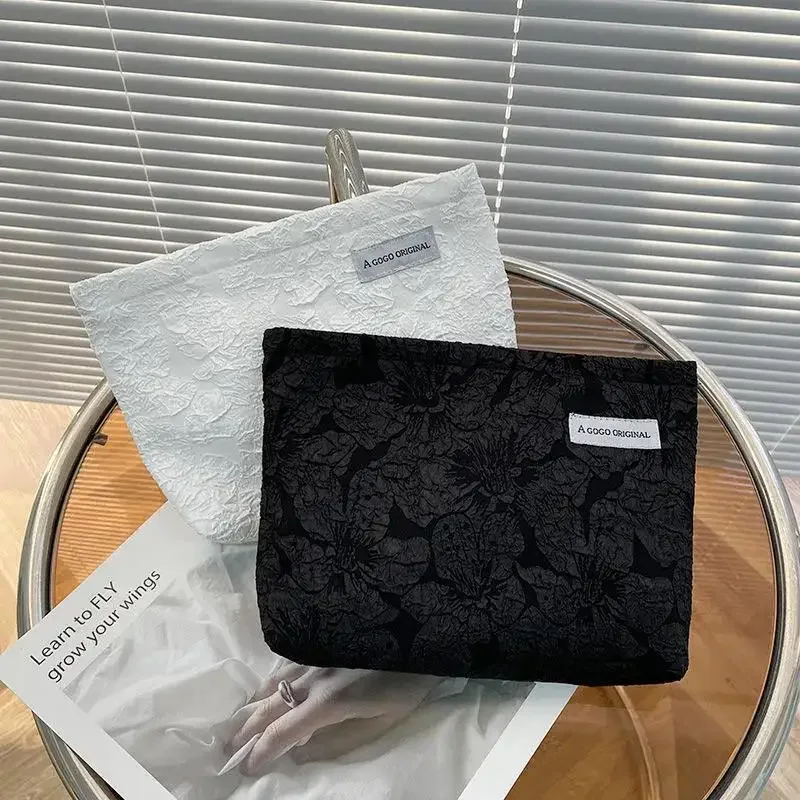 Korean Style Corduroy Cosmetic Bag with Floral Embroidery, Women's Travel Toiletry Pouch & Portable Makeup Organizer  Пакет 파우치