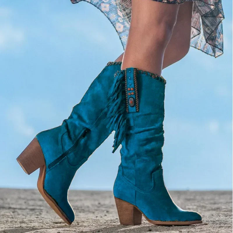 Women High Boots Trend Retro Metal Buckle Pointed Toe Thick