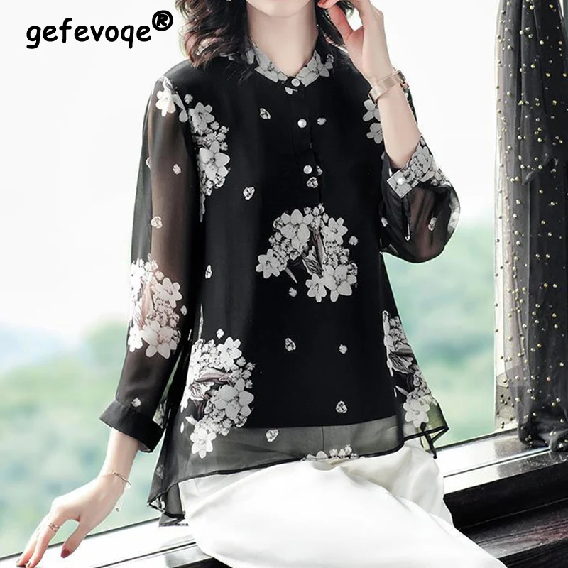 

Vintage Floral Printing Gauze Chiffon Shirt Autumn 2023 Stand Collar Three Quarter Sleeve Loose Pullovers Blouse Ladies Clothing