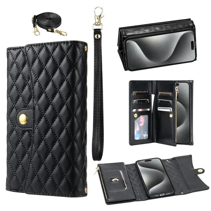 Versatile Crossbody Lanyard Leather Zipper Wallet Phone Case with Wrist Rope Cover