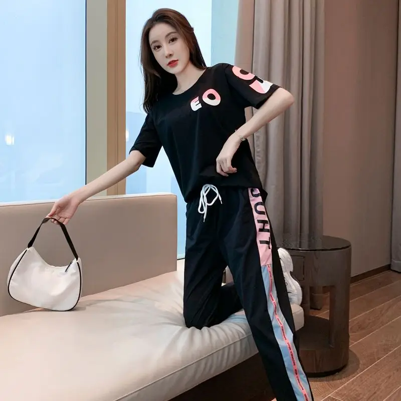 

2023 Fashion New Women Clothes Tracksuit Two Piece Set Spring Casual Sportswear Ins Suit O-neck Printing T shirt+Harem Pants