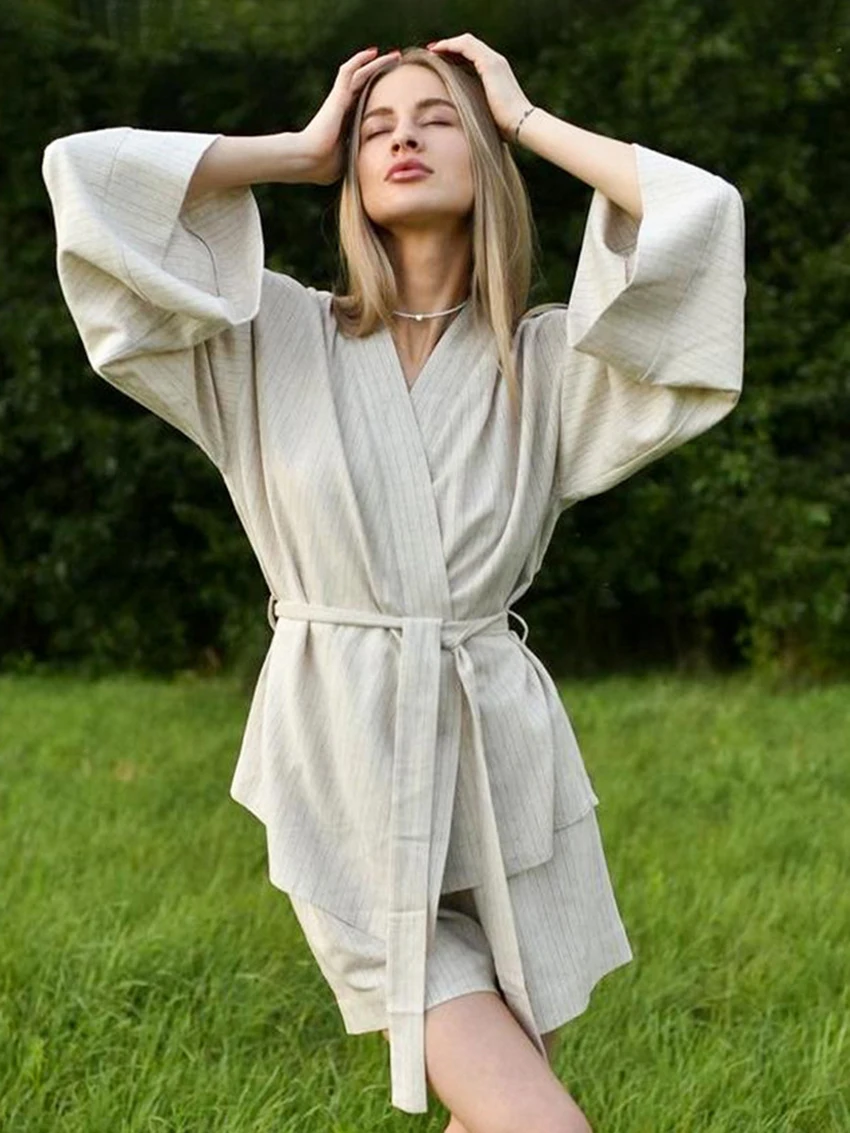 

Martahqiqi Causal Femme Nightgowns 2 Piece Set V-Neck Sleepwear Long Sleeve Robe Lace Up Nightie Shorts Loose Home Clothes Women