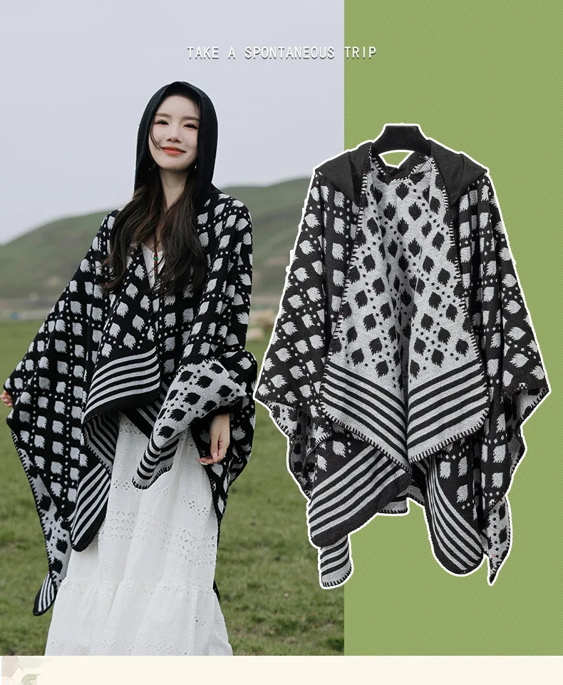 

Poncho Imitation Cashmere New Ethnic Style Tourism Cloak Women's Hooded Warmth Thickened Scarf Photo Overlay with Knitted Shawl