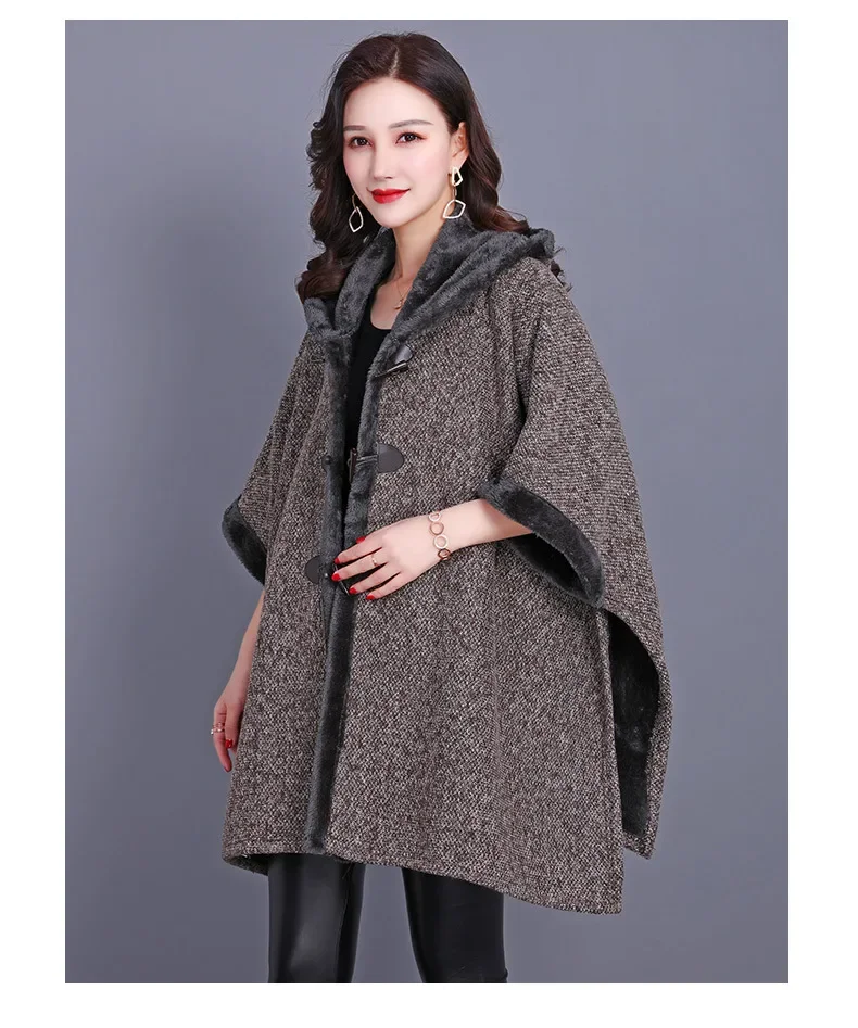 Description Picture 4 of item5 Color Women Winter Thick Warm Cloak Loose Horn Button Poncho Hat Big Pendulum Cape Oversize Cloak Long Coat With Velvet Lining