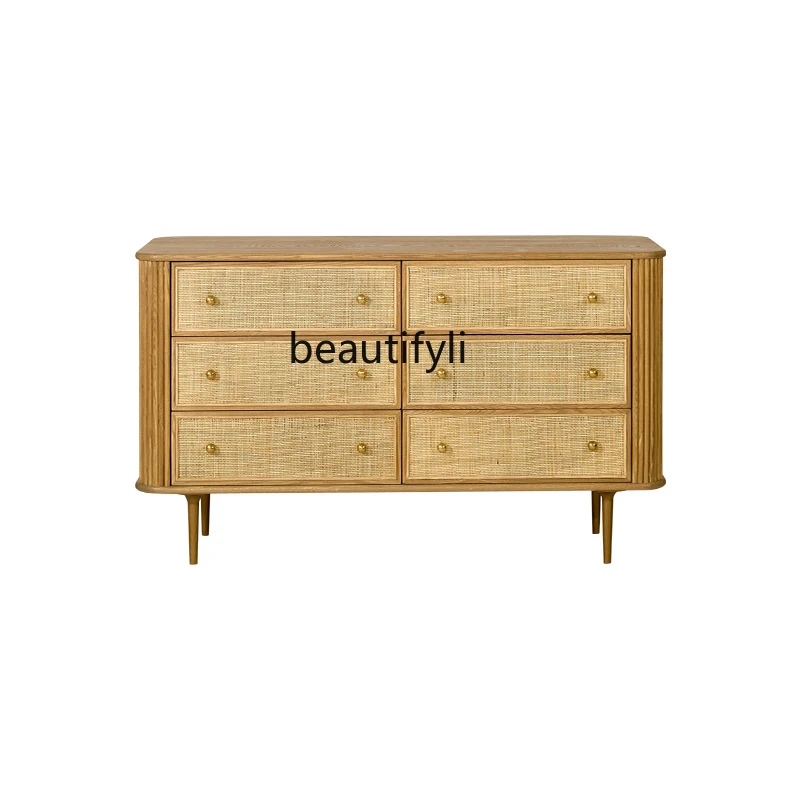 

Nordic Solid Wood Sideboard Rattan Chest of Drawers Home Locker American Bedside Table Entrance Cabinet