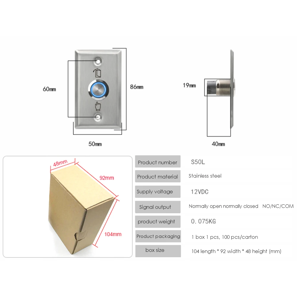 S50L Backlight Stainless Steel Exit Button Push Switch Door Sensor Opener Releas